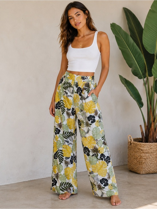 New Look Pants - New Look Tropical Leaf Wide Leg Linen Blend Pants Small Resort